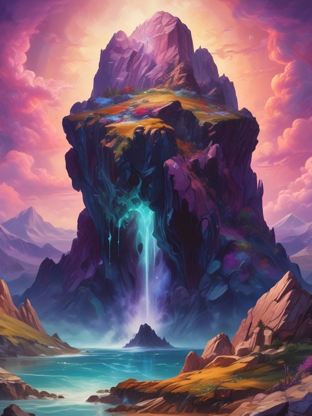 Fantasy Mountain Landscape Painting in Purple & Blue